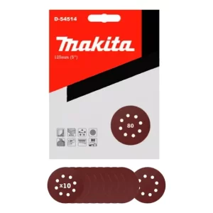 10 Discos Lija Con Velcro 125mm (5 ) Grano 80 Makita D-54514